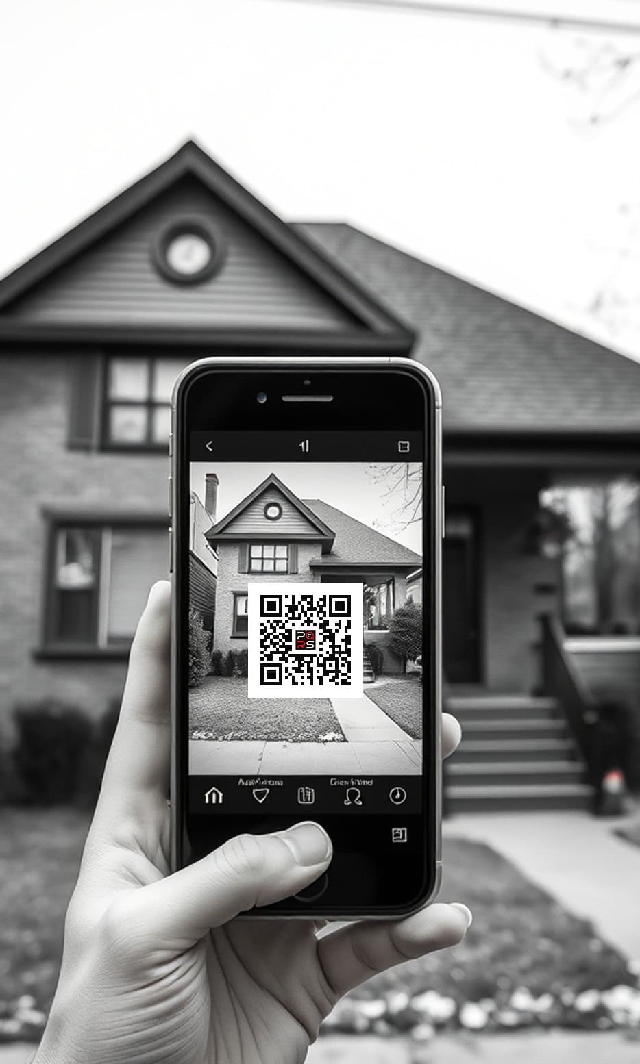 Une main tenant un téléphone devant une maison, un code QR PQRS à l'écran — a hand scanning a PQRS QR sign in front of a house