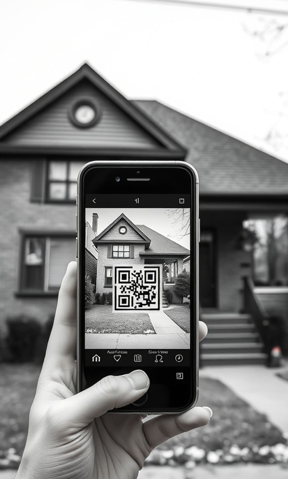 Une main tenant un téléphone devant une maison — a hand scanning a QR sign in front of a house